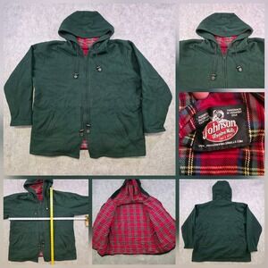 Johnson Woolen Mills Jacket Mens XL? 2XL? Green Hooded Wool Plaid Lined Made USA